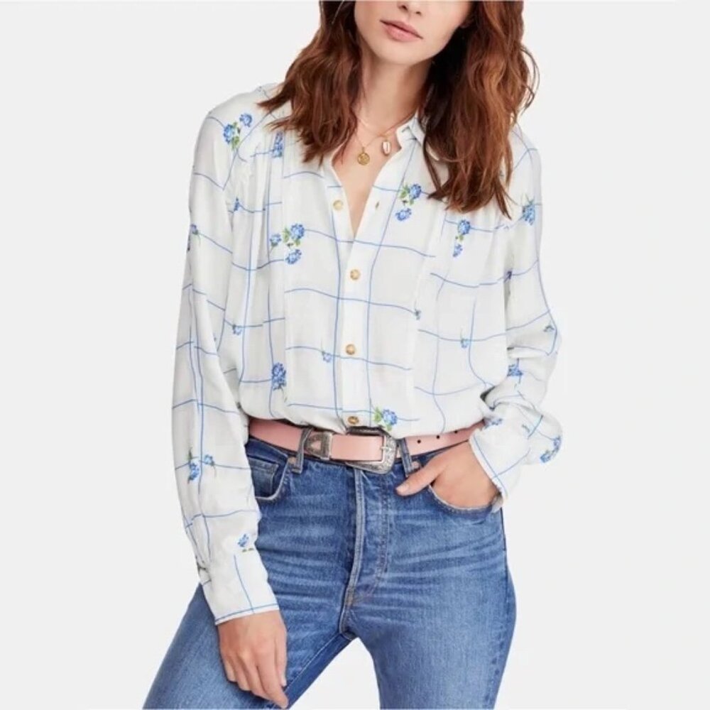 Free People blue floral button up shirt